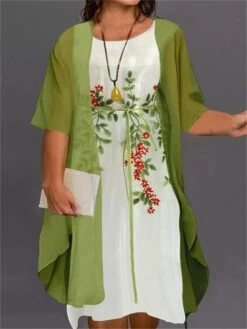 Women‘s Plus Size Curve Two Piece Dress Floral Crew Neck Print Half Sleeve Fall Spring Work Casual Knee Length Dress Casual Daily Dress