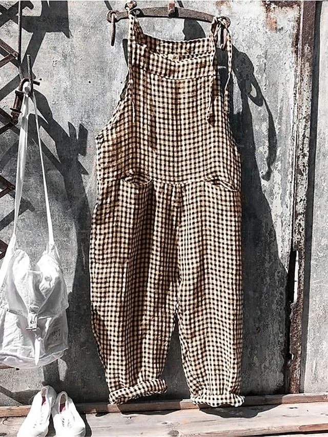 Women's Overall Pocket Print Plaid V Neck Streetwear Street Daily Regular Fit Sleeveless Black White Yellow S M L Summer 9 Women's Overall Pocket Print Plaid V Neck Streetwear Street Daily Regular Fit Sleeveless Black White Yellow S M L Summer - Image 9