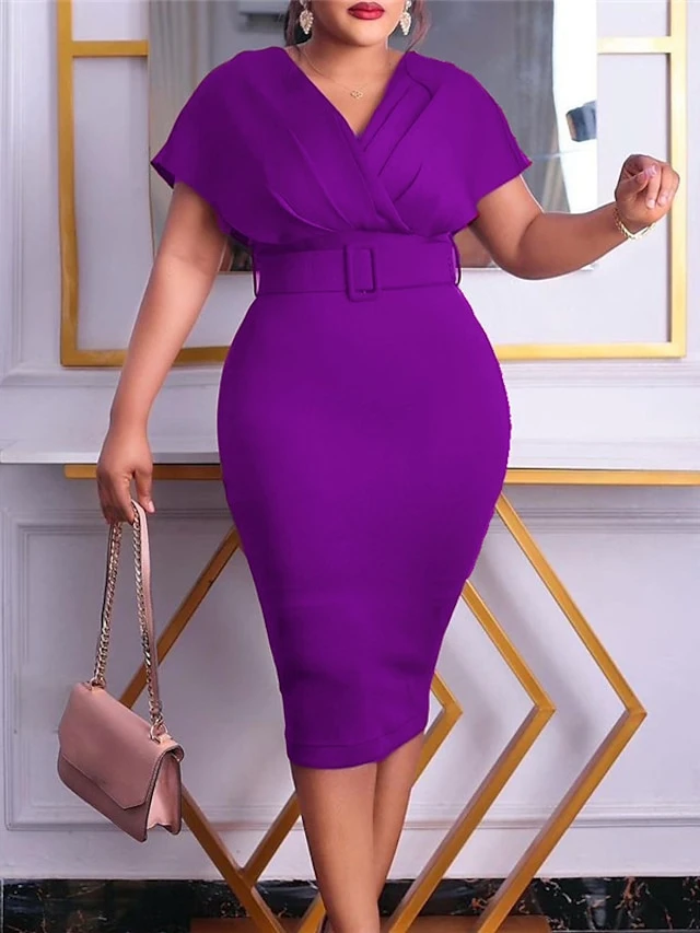 Women‘s Plus Size Curve Easter Dress Work Dress Solid Color V Neck Short Sleeve Spring Dress Fall Work Formal Knee Length Dress Date Vacation Dress 1 Women‘s Plus Size Curve Easter Dress Work Dress Solid Color V Neck Short Sleeve Spring Dress Fall Work Formal Knee Length Dress Date Vacation Dress