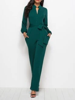 Women's Jumpsuit Lace Up Pocket Solid Color Stand Collar Streetwear Xmas Street Christmas Daily Regular Fit Long Sleeve Black Wine Red S M L Fall