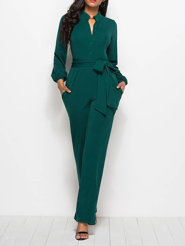 Women's Jumpsuit Lace Up Pocket Solid Color Stand Collar Streetwear Xmas Street Christmas Daily Regular Fit Long Sleeve Black Wine Red S M L Fall 1 Women's Jumpsuit Lace Up Pocket Solid Color Stand Collar Streetwear Xmas Street Christmas Daily Regular Fit Long Sleeve Black Wine Red S M L Fall