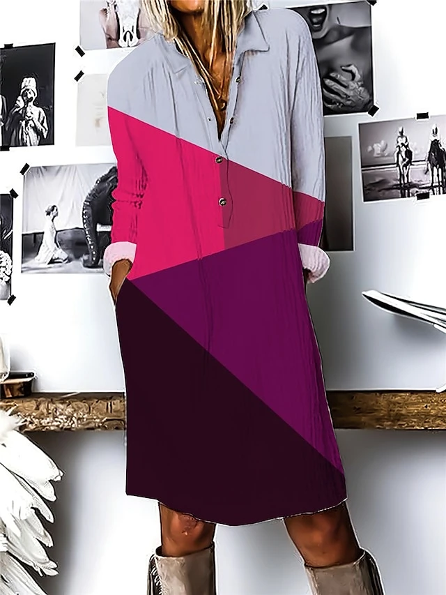 Women's Shirt Dress Casual Dress Cotton Linen Dress Midi Dress Polyester Fashion Casual Daily Outdoor Daily Vacation Shirt Collar Button Print 3/4 Length Sleeve Fall Winter Autumn 2023 Loose Fit Pink 2 Women's Shirt Dress Casual Dress Cotton Linen Dress Midi Dress Polyester Fashion Casual Daily Outdoor Daily Vacation Shirt Collar Button Print 3/4 Length Sleeve Fall Winter Autumn 2023 Loose Fit Pink - Image 2