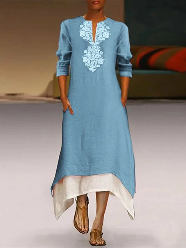 Women's Casual Dress Cotton Linen Dress A Line Dress Maxi Long Dress Cotton Blend Fashion Casual Outdoor Daily Split Neck Patchwork Pocket 3/4 Length Sleeve Summer Spring Fall 2023 Regular Fit Yellow 4 Women's Casual Dress Cotton Linen Dress A Line Dress Maxi Long Dress Cotton Blend Fashion Casual Outdoor Daily Split Neck Patchwork Pocket 3/4 Length Sleeve Summer Spring Fall 2023 Regular Fit Yellow - Image 4