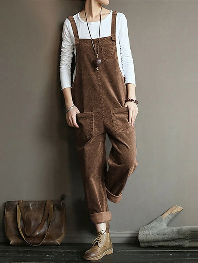 Women's Cord Overall Pocket Solid Color Corduroy U Neck Streetwear Street Daily Regular Fit Sleeveless Cai Lan Black Brown S M L Fall 3 Women's Cord Overall Pocket Solid Color Corduroy U Neck Streetwear Street Daily Regular Fit Sleeveless Cai Lan Black Brown S M L Fall - Image 3