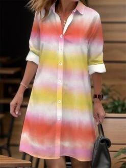 Women's Shirt Dress Casual Dress Midi Dress Outdoor Daily Date Polyester Fashion Modern Shirt Collar Button Pocket Long Sleeve Fall Winter 2023 Loose Fit Pink Purple Striped Ombre S M L XL 2XL