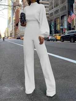 Women's Jumpsuit High Waist Solid Color Stand Collar Streetwear Xmas Office Christmas Regular Fit Long Sleeve Lantern Sleeve Black White Yellow S M L Fall -Cheap Plus Fit Dress Store acxbzm1695347354114