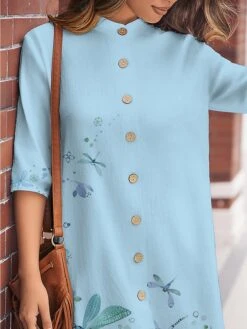 Women's Shirt Dress Casual Dress Cotton Linen Dress Midi Dress Polyester Fashion Casual Daily Outdoor Daily Vacation Shirt Collar Button Print Long Sleeve Spring Fall Winter 2023 Loose Fit White -Cheap Plus Fit Dress Store acygun1697189426662