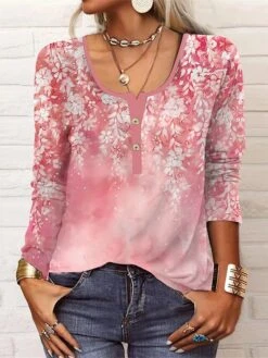 Women's T Shirt Tee Pink Blue Green Floral Button Print Long Sleeve Holiday Weekend Fashion Round Neck Regular Fit Floral Painting Spring &Fall