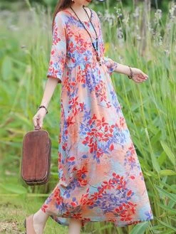 Women's Casual Dress Cotton Linen Dress Swing Dress Midi Dress Linen / Cotton Blend Sweet Style Modern Outdoor Daily Holiday Crew Neck Print 3/4 Length Sleeve Fall Winter Autumn 2023 Loose Fit Yellow -Cheap Plus Fit Dress Store adsltn1693553156168