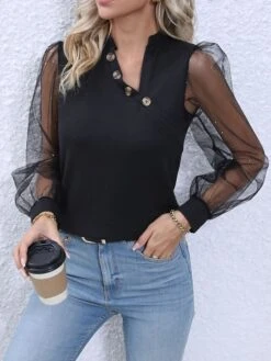 Women's Shirt Blouse Black Plain Mesh Patchwork Button Long Sleeve Casual Basic V Neck Regular Fit Spring &Fall