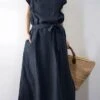Women's Casual Dress Cotton Linen Dress Swing Dress Maxi Long Dress Cotton Blend Casual Boho Outdoor Daily Holiday Boat Neck Lace Up Pocket Short Sleeve Summer Spring 2023 Loose Fit Black Green Dark