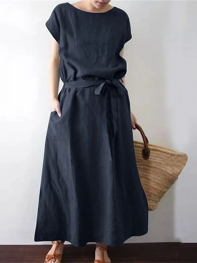 Women's Casual Dress Cotton Linen Dress Swing Dress Maxi Long Dress Cotton Blend Casual Boho Outdoor Daily Holiday Boat Neck Lace Up Pocket Short Sleeve Summer Spring 2023 Loose Fit Black Green Dark 1 Women's Casual Dress Cotton Linen Dress Swing Dress Maxi Long Dress Cotton Blend Casual Boho Outdoor Daily Holiday Boat Neck Lace Up Pocket Short Sleeve Summer Spring 2023 Loose Fit Black Green Dark