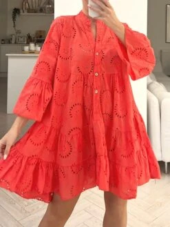 Women's Shirt Dress Casual Dress Mini Dress Outdoor Daily Date Cotton Basic Classic V Neck Button Long Sleeve Spring Fall Winter 2023 Loose Fit Yellow Pink Red Pure Color S M L XL 2XL -Cheap Plus Fit Dress Store adxpxu1694576759175