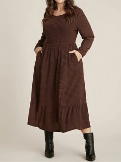 Women's Plus Size Curve Sweater Dress Winter Dress Casual Dress Plain Midi Dress Long Sleeve Ruffle Pocket Crew Neck Fashion Outdoor Coffee Fall Winter L XL 2XL 3XL 4XL -Cheap Plus Fit Dress Store aejqpi1697164795867