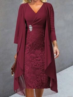 Women's Two Piece Dress Set Casual Dress Lace Dress Outdoor Daily Fashion Elegant Lace Patchwork Midi Dress V Neck Long Sleeve Plain Regular Fit Wine Blue Sky Blue Fall Winter S M L XL XXL -Cheap Plus Fit Dress Store aewzjc1694587092277