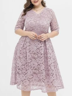 Women‘s Plus Size Curve Party Dress Lace Dress Cocktail Dress Midi Dress Black Pink Wine Half Sleeve Pure Color Lace Summer Spring Fall V Neck Fashion Birthday Wedding Guest Vacation 2023 -Cheap Plus Fit Dress Store aeyrpm1691564484595