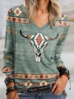 Women's T Shirt Tee Green Tribal Print Long Sleeve Daily Weekend Vintage Ethnic V Neck Regular Fit Geometric Painting Spring &Fall