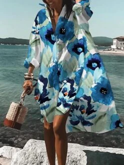 Women's Shirt Dress Casual Dress A Line Dress Midi Dress Winter Dress Daily Holiday Polyester Vacation Stylish Shirt Collar High Low Dress Print Long Sleeve Summer Spring Fall 2022 Loose Fit White -Cheap Plus Fit Dress Store afldec1661741104803