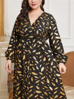 Women's Plus Size Prom Dress Party Dress Wedding Guest Dress Long Dress Maxi Dress Black Long Sleeve Print Ruched Fall Winter Autumn V Neck Fashion Winter Dress Evening Party Wedding Guest 2023 L XL -Cheap Plus Fit Dress Store aflzmr1693535315202