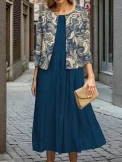 Women's Two Piece Dress Set Casual Dress Swing Dress Outdoor Office Fashion Streetwear Print Midi Dress Crew Neck 3/4 Length Sleeve Leaf Regular Fit Navy Blue Brown Khaki Fall Winter S M L XL XXL -Cheap Plus Fit Dress Store afmhoi1697524428126