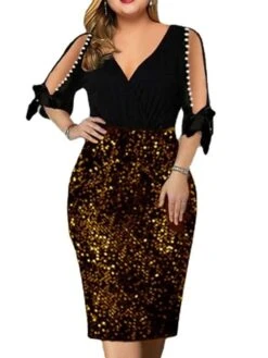 Women‘s Plus Size Curve Party Dress Solid Color V Neck Sequins Half Sleeve Spring Fall Stylish Sequins Prom Dress Midi Dress Party Club Dress Sheath Dress Sequin Dress -Cheap Plus Fit Dress Store afsjzy1656496082892
