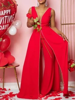 Women's Jumpsuit Backless High Waist Solid Color V Neck Streetwear Xmas Wedding Party Christmas Regular Fit Sleeveless Black Red Blue S M L Summer