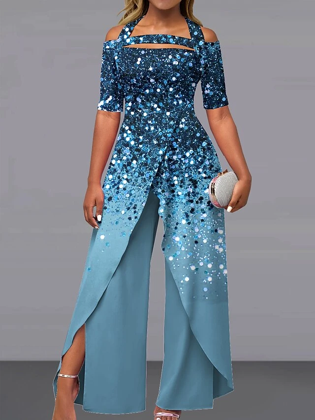 Women's Jumpsuit Print Gradient Off Shoulder Elegant Wedding Party Wide Leg Regular Fit Short Sleeve Silver Blue Gold S M L Summer 3 Women's Jumpsuit Print Gradient Off Shoulder Elegant Wedding Party Wide Leg Regular Fit Short Sleeve Silver Blue Gold S M L Summer - Image 3