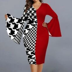 Women‘s Plus Size Curve Party Dress Geometry V Neck Split Long Sleeve Fall Winter Casual Prom Dress Knee Length Dress Casual Daily DressPrint -Cheap Plus Fit Dress Store agkdkt1642500144050