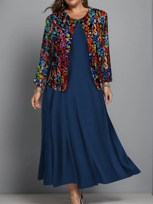 Women's Plus Size Two Piece Dress Set Casual Dress Swing Dress Outdoor Office Fashion Streetwear Print Midi Dress Crew Neck Long Sleeve Floral Regular Fit Red Navy Blue Blue Fall Winter L XL XXL 3XL 2 Women's Plus Size Two Piece Dress Set Casual Dress Swing Dress Outdoor Office Fashion Streetwear Print Midi Dress Crew Neck Long Sleeve Floral Regular Fit Red Navy Blue Blue Fall Winter L XL XXL 3XL - Image 2
