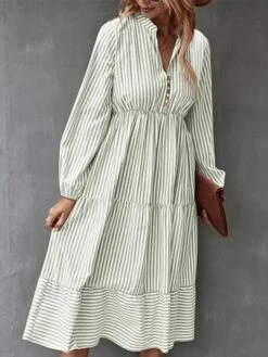 Women's Casual Dress Cotton Linen Dress Swing Dress Midi Dress Polyester Fashion Modern Outdoor Daily Vacation Split Neck Ruffle Button Long Sleeve Fall Winter Autumn 2023 Regular Fit Light Green -Cheap Plus Fit Dress Store agzhkx1691462581662