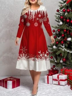 Women's Plus Size Curve Casual Dress Winter Dress Skater Dress Snowflake Midi Dress Long Sleeve Print Crew Neck Fashion Outdoor White Wine Fall Winter L XL XXL 3XL 4XL -Cheap Plus Fit Dress Store ahcsem1697687265802