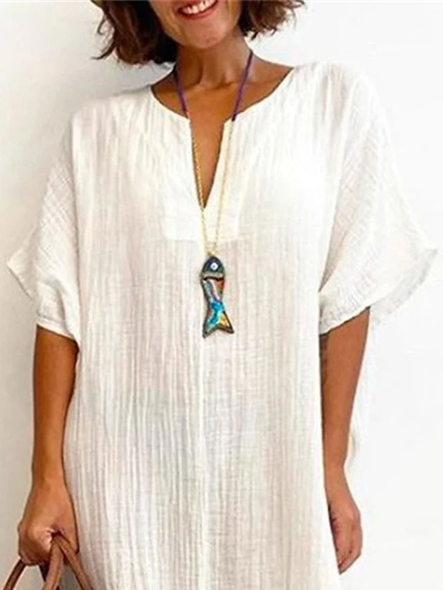 Women's Casual Dress Cotton Linen Dress Shift Dress Maxi Long Dress Cotton Blend Daily Classic Outdoor Daily Vacation Split Neck Split Basic Half Sleeve Summer Spring Fall 2023 Loose Fit White Plain 2 Women's Casual Dress Cotton Linen Dress Shift Dress Maxi Long Dress Cotton Blend Daily Classic Outdoor Daily Vacation Split Neck Split Basic Half Sleeve Summer Spring Fall 2023 Loose Fit White Plain - Image 2