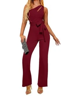 Women's Jumpsuit Lace Up Backless Solid Color One Shoulder Streetwear Street Vacation Regular Fit Sleeveless Black Wine Red S M L Spring -Cheap Plus Fit Dress Store ahgdsb1674008892270