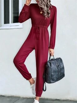 Women's Jumpsuit Drawstring Solid Color Crew Neck Streetwear Street Daily Regular Fit 3/4 Length Sleeve Black Red S M L Fall -Cheap Plus Fit Dress Store ahplzc1690941125665