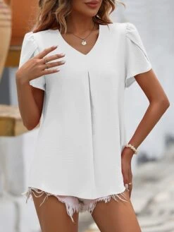 Women's Shirt Blouse Black White Pink Floral Plain Print Short Sleeve Casual Basic V Neck Regular Fit Floral Petal Sleeve 30 Women's Shirt Blouse Black White Pink Floral Plain Print Short Sleeve Casual Basic V Neck Regular Fit Floral Petal Sleeve -Cheap Plus Fit Dress Store ahxrwy1686223381111