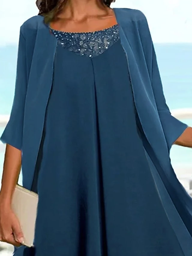 Women's Two Piece Dress Set Casual Dress Chiffon Dress Outdoor Daily Fashion Elegant Layered Midi Dress Crew Neck 3/4 Length Sleeve Plain Regular Fit Navy Blue Fall Winter S M L XL XXL 2 Women's Two Piece Dress Set Casual Dress Chiffon Dress Outdoor Daily Fashion Elegant Layered Midi Dress Crew Neck 3/4 Length Sleeve Plain Regular Fit Navy Blue Fall Winter S M L XL XXL - Image 2