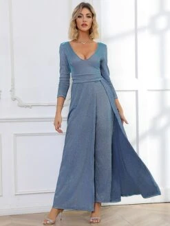 Women's Jumpsuit Solid Color V Neck Elegant Wedding Party Pencil Regular Fit Long Sleeve Blue S M L Fall -Cheap Plus Fit Dress Store aigyow1697515203243