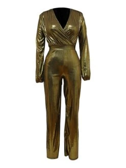 Women's Jumpsuit High Christmas Waist Solid Color V Neck Streetwear Party Xmas Street Regular Fit Long Sleeve Gold Green S M L Fall -Cheap Plus Fit Dress Store aivhaw1695281843962