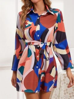 Women's Shirt Dress Casual Dress Mini Dress Outdoor Daily Vacation Polyester Casual Shirt Collar Lace Up Button Long Sleeve Fall Winter 2023 Loose Fit Blue Flower S M L XL 2XL