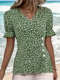 Women's Shirt Blouse Black Red Royal Blue Floral Button Print Short Sleeve Holiday Casual V Neck Regular Fit Floral Puff Sleeve