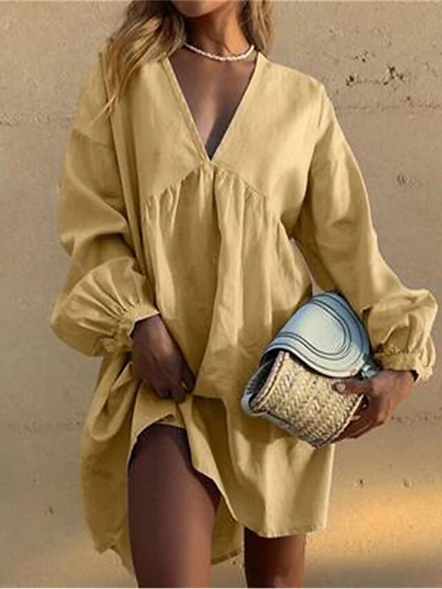 Women's Casual Dress Cotton Linen Dress Mini Dress Cotton Basic Classic Outdoor Daily Vacation V Neck Basic Long Sleeve Summer Spring Fall 2023 Loose Fit Yellow Red Blue Plain S M L XL 2XL 4 Women's Casual Dress Cotton Linen Dress Mini Dress Cotton Basic Classic Outdoor Daily Vacation V Neck Basic Long Sleeve Summer Spring Fall 2023 Loose Fit Yellow Red Blue Plain S M L XL 2XL - Image 4