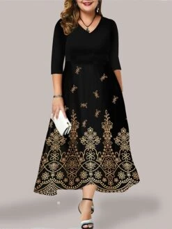 Women's Plus Size Curve Casual Dress Swing Dress Floral Long Dress Maxi Dress 3/4 Length Sleeve Pocket Print V Neck Fashion Outdoor Black Yellow Fall Winter L XL XXL 3XL 4XL 5 Women's Plus Size Curve Casual Dress Swing Dress Floral Long Dress Maxi Dress 3/4 Length Sleeve Pocket Print V Neck Fashion Outdoor Black Yellow Fall Winter L XL XXL 3XL 4XL -Cheap Plus Fit Dress Store ajgyit1694574641073