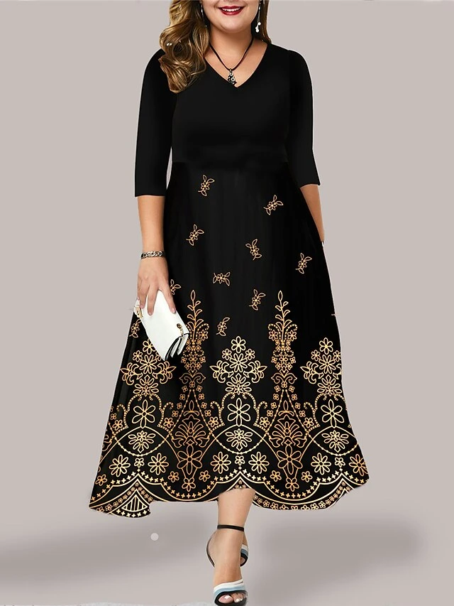 Women's Plus Size Curve Casual Dress Swing Dress Floral Long Dress Maxi Dress 3/4 Length Sleeve Pocket Print V Neck Fashion Outdoor Black Yellow Fall Winter L XL XXL 3XL 4XL 3 Women's Plus Size Curve Casual Dress Swing Dress Floral Long Dress Maxi Dress 3/4 Length Sleeve Pocket Print V Neck Fashion Outdoor Black Yellow Fall Winter L XL XXL 3XL 4XL - Image 3