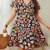 Women‘s Plus Size Curve Casual Sweater Dress Floral Sweater Dress Floral Midi Sweater Dress Short Sleeve Print V Neck Fashion Daily Blue Spring Summer XL XXL 3XL 4XL