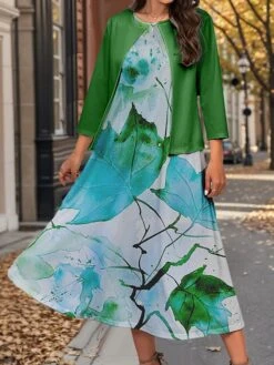 Women's Two Piece Dress Set Casual Dress Swing Dress Outdoor Office Fashion Streetwear Print Midi Dress Crew Neck 3/4 Length Sleeve Leaf Regular Fit Yellow Green Gray Fall Winter S M L XL XXL 17 Women's Two Piece Dress Set Casual Dress Swing Dress Outdoor Office Fashion Streetwear Print Midi Dress Crew Neck 3/4 Length Sleeve Leaf Regular Fit Yellow Green Gray Fall Winter S M L XL XXL -Cheap Plus Fit Dress Store ajiloy1697783000822