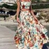 Women's Dress Set Two Piece Dress Skirt Set Long Dress Maxi Dress Yellow Fuchsia Sleeveless Floral Backless Summer Spring V Neck Vacation Slim 2023 S M L XL XXL