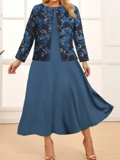 Women‘s Plus Size Curve Two Piece Dress Set Casual Dress Swing Dress Outdoor Office Fashion Streetwear Print Midi Dress Crew Neck Long Sleeve Floral Regular Fit Navy Blue Royal Blue Purple Spring Fall -Cheap Plus Fit Dress Store ajkueo1691646811428