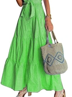 Women's Shirt Dress Maxi Long Dress Daily Vacation Polyester Casual Shirt Collar Lace Up Button Short Sleeve Summer Spring 2022 Regular Fit Blue Green Striped S M L XL -Cheap Plus Fit Dress Store ajnhwc1634955522894