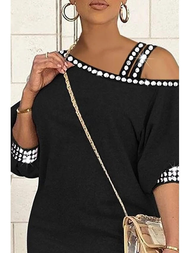 Women‘s Plus Size Curve Work Dress Pure Color Spaghetti Straps 3/4 Length Sleeve Spring Fall Stylish Elegant Midi Dress Formal Work Dress 2 Women‘s Plus Size Curve Work Dress Pure Color Spaghetti Straps 3/4 Length Sleeve Spring Fall Stylish Elegant Midi Dress Formal Work Dress - Image 2