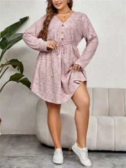 Women's Plus Size Curve Casual Dress Winter Dress Sheath Dress Plain Midi Dress Long Sleeve Lace Up Button V Neck Fashion Outdoor Pink Fall Winter XL XXL 3XL 4XL 13 Women's Plus Size Curve Casual Dress Winter Dress Sheath Dress Plain Midi Dress Long Sleeve Lace Up Button V Neck Fashion Outdoor Pink Fall Winter XL XXL 3XL 4XL -Cheap Plus Fit Dress Store aknoma1695095531501